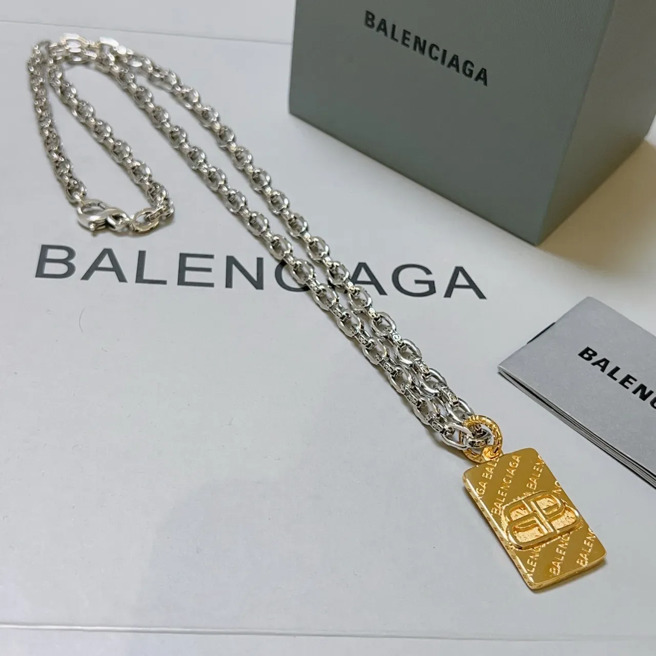 Balenciaga BB Pendant Silver Gold Curb-Link Chain Rectangular Necklace 6