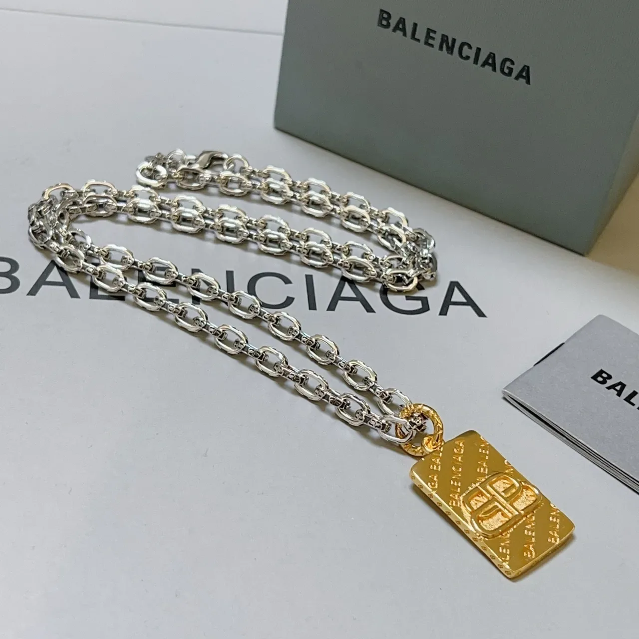 Balenciaga BB Pendant Silver Gold Curb-Link Chain Rectangular Necklace 7
