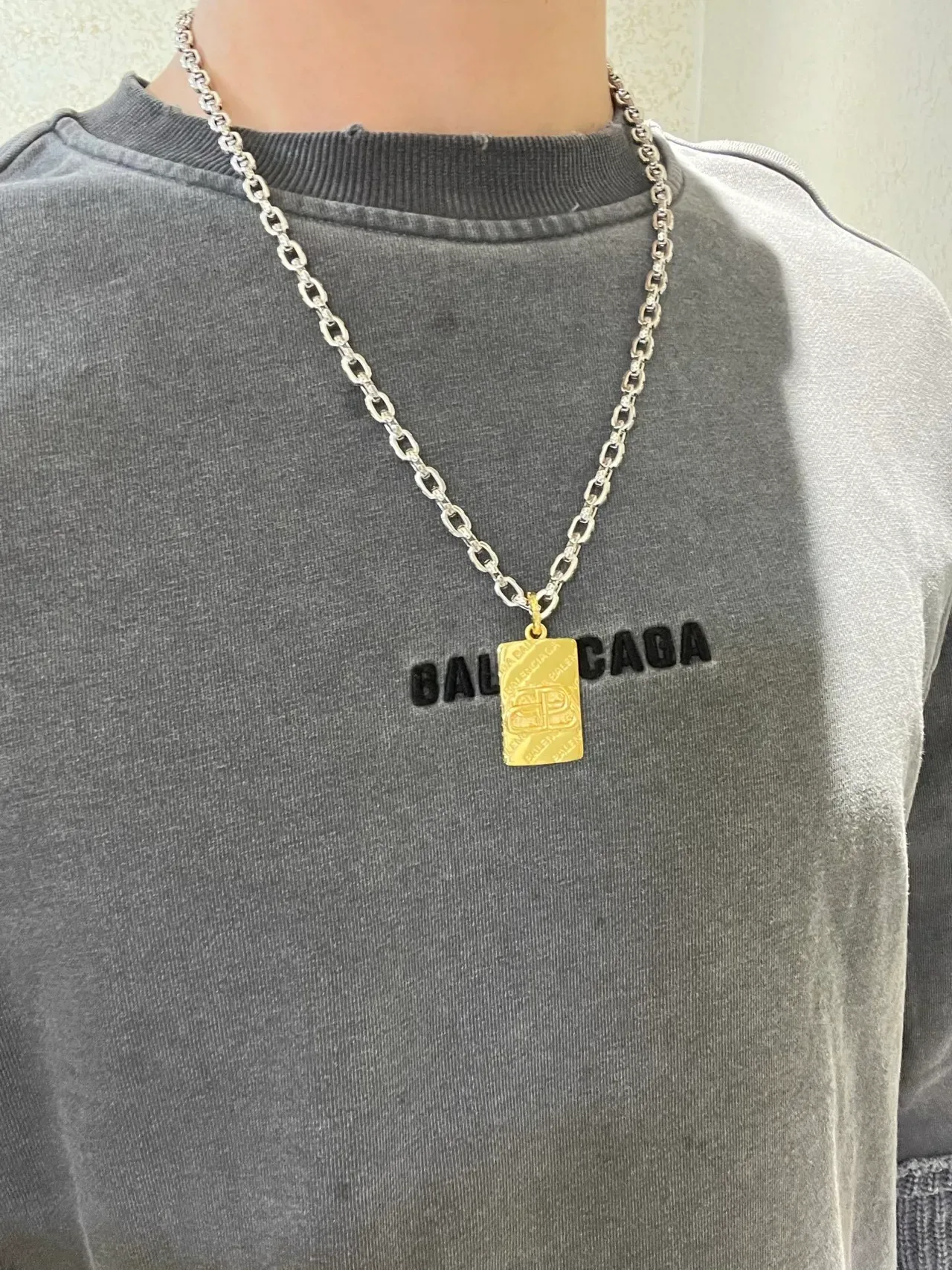 Balenciaga BB Pendant Silver Gold Curb-Link Chain Rectangular Necklace 8