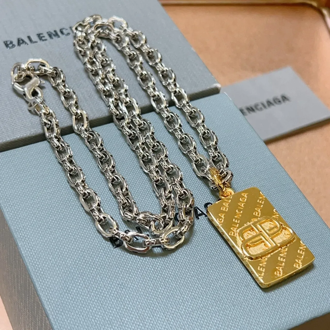 Balenciaga BB Pendant Silver Gold Curb-Link Chain Rectangular Necklace 9