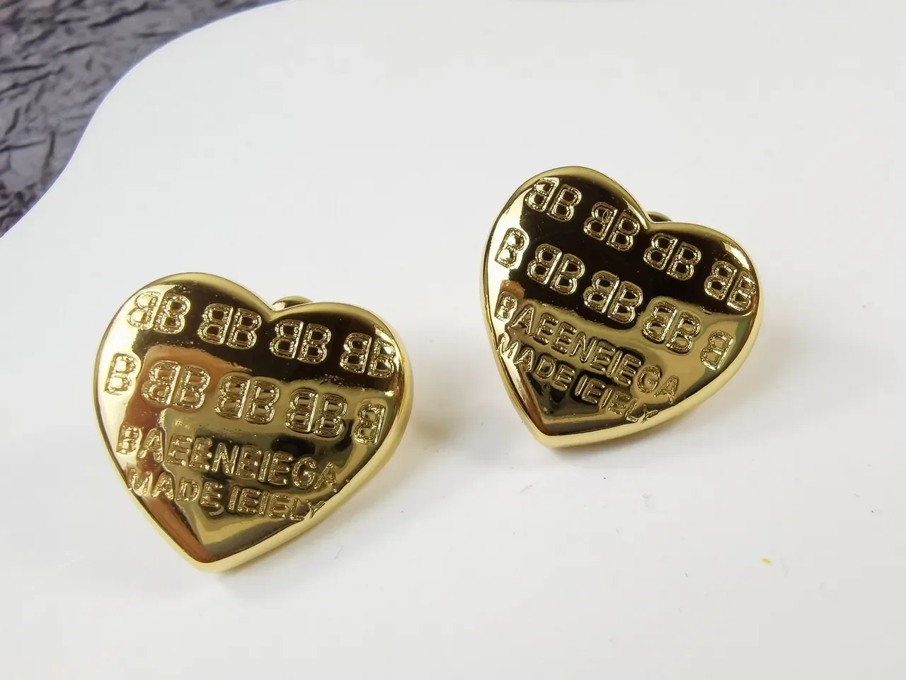 Balenciaga Heart Stud Gold Silver Engraved Monogram Earrings 4
