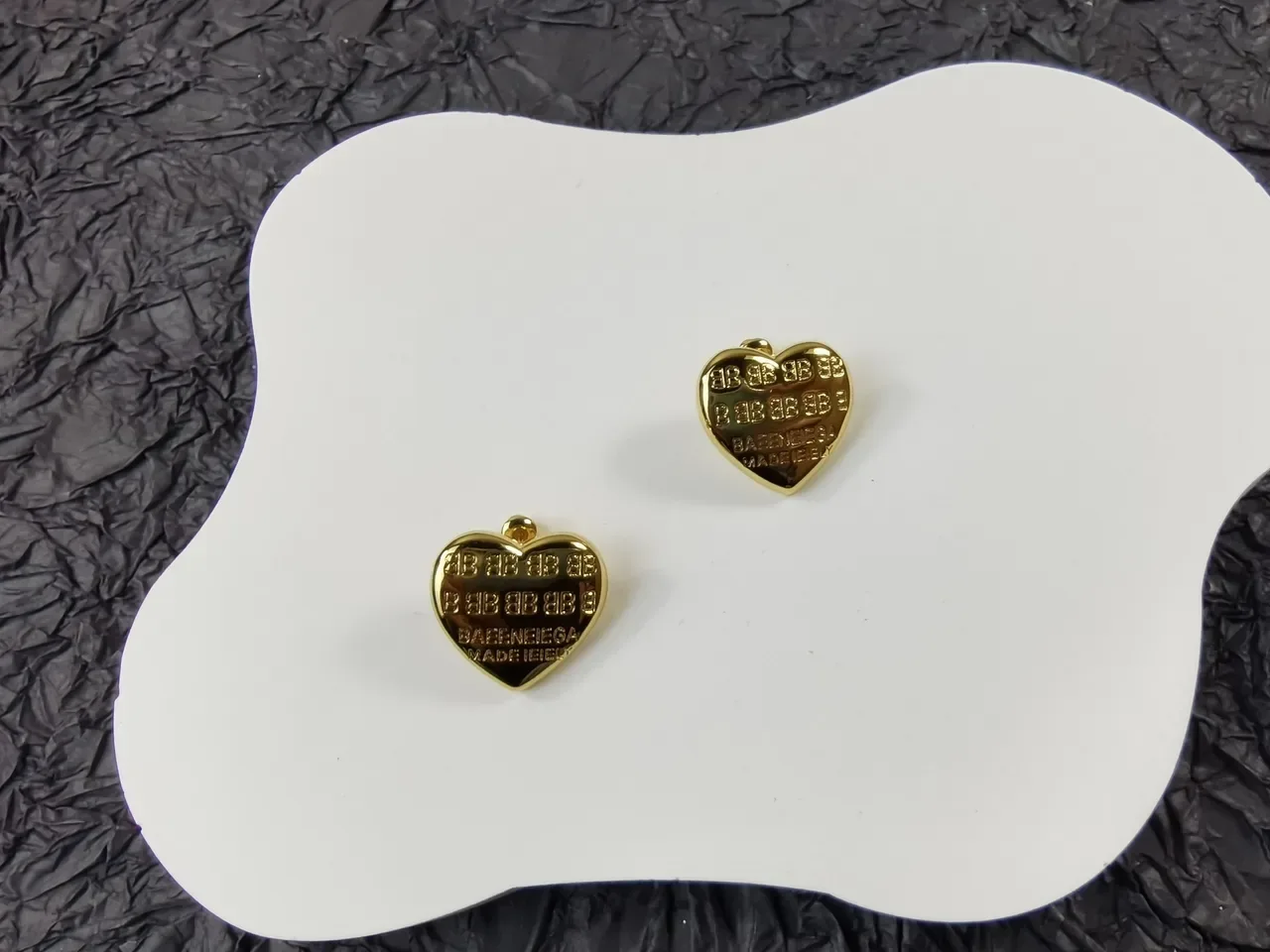 Balenciaga Heart Stud Gold Silver Engraved Monogram Earrings 5