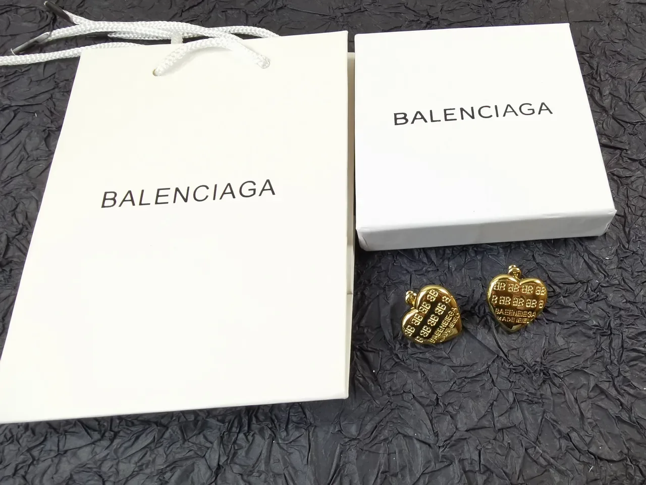 Balenciaga Heart Stud Gold Silver Engraved Monogram Earrings 6
