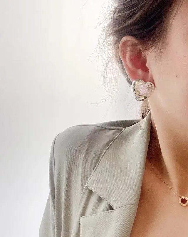 Balenciaga Heart Stud Gold Silver Engraved Monogram Earrings 7