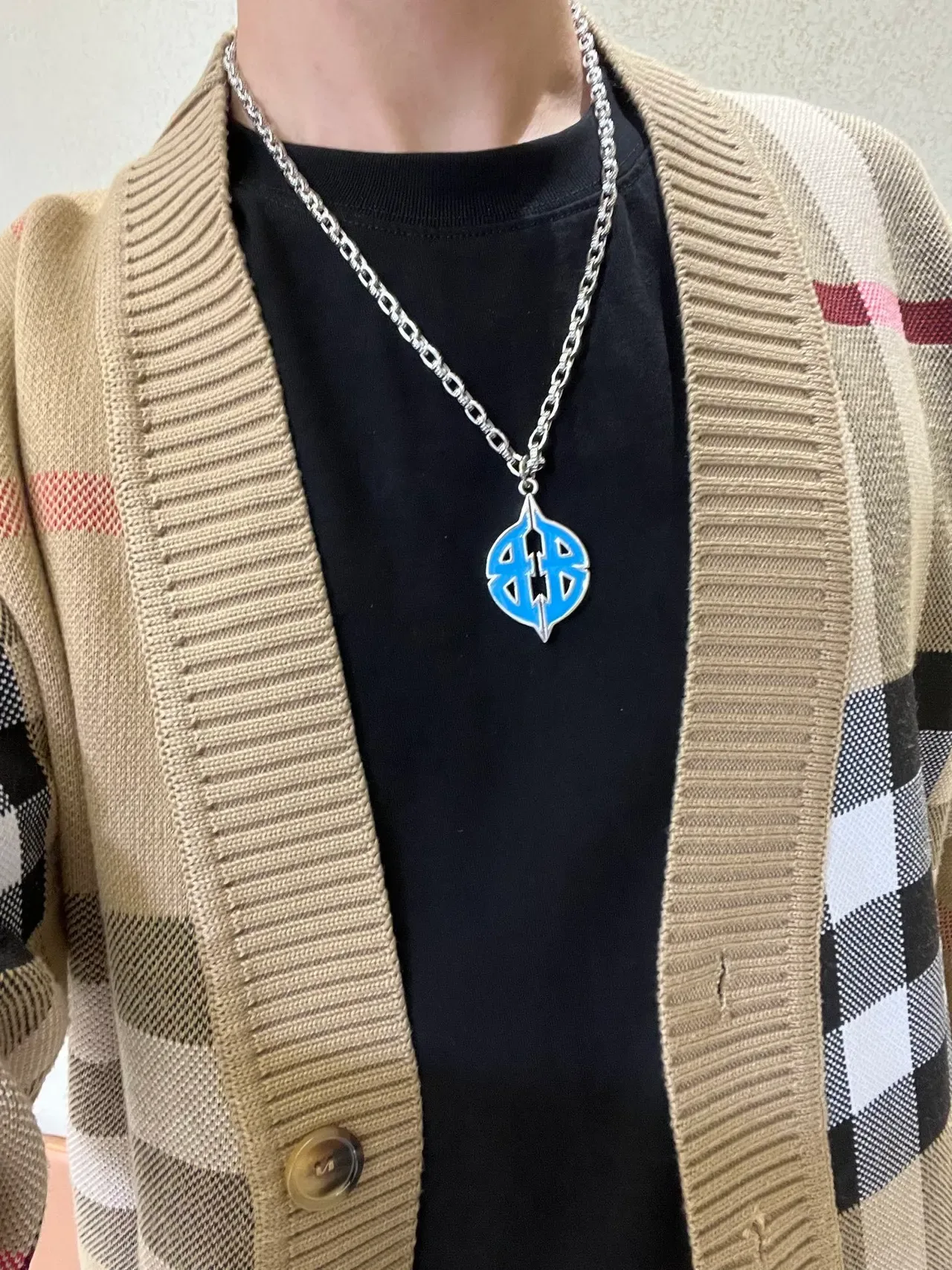 Balenciaga Logo Pendente Corrente Curb Prateada Azul Esmaltada Monograma Colar 5