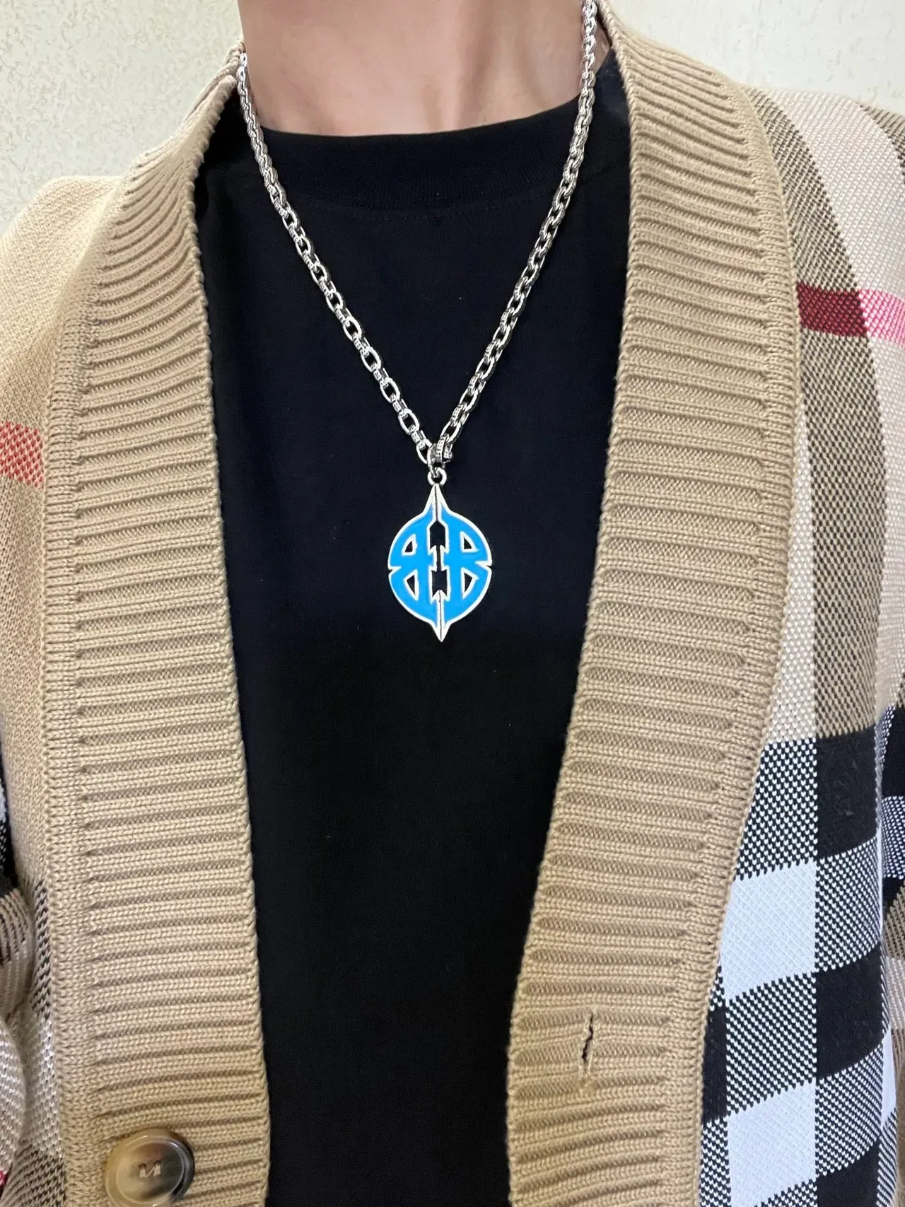 Balenciaga Logo Pendente Corrente Curb Prateada Azul Esmaltada Monograma Colar 8