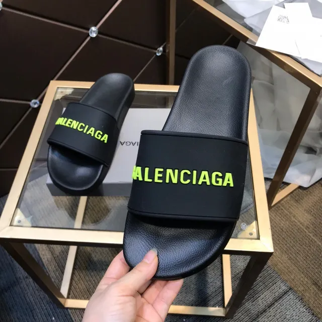 Balenciaga Logo Slide Black Green Strap Slippers 3