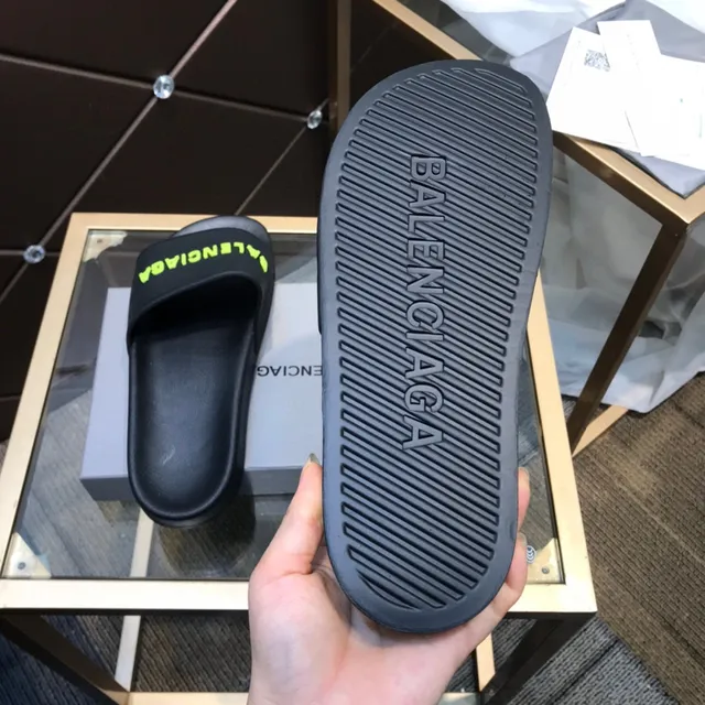 Balenciaga Logo Slide Black Green Strap Slippers 4