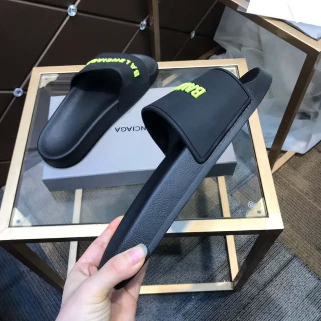 Balenciaga Logo Slide Black Green Strap Slippers 5