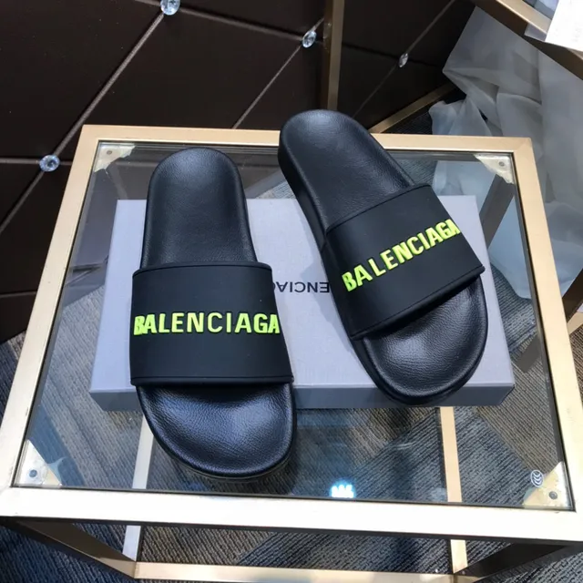 Balenciaga Logo Slide Black Green Strap Slippers 7