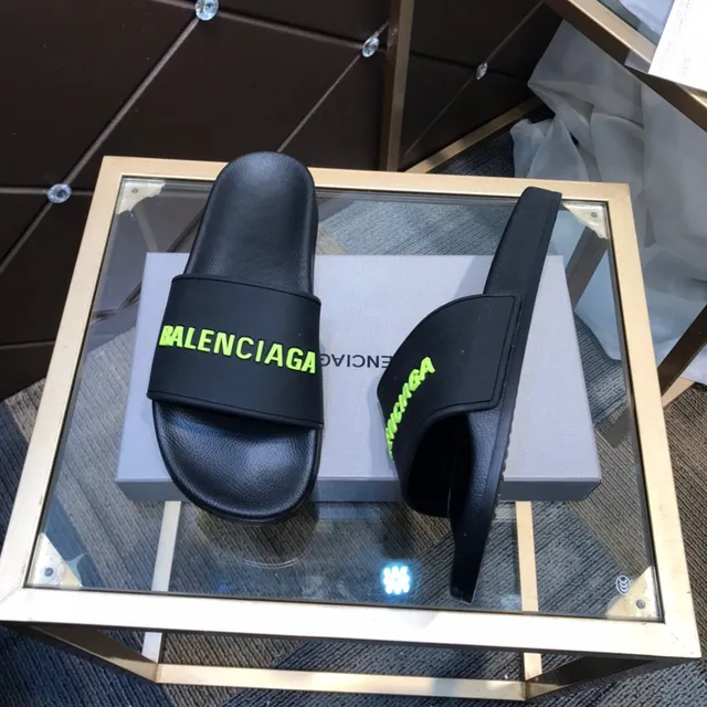 Balenciaga Logo Slide Black Green Strap Slippers 8