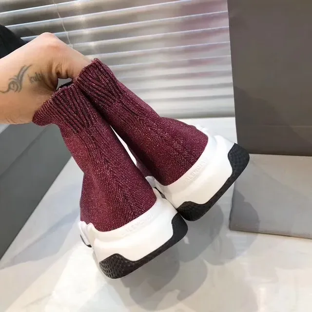 Balenciaga Speed Trainer Tênis Lifestyle Burgundy Glitter Knit 5