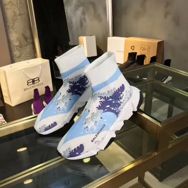 Balenciaga Speed Trainer Wave-Print সাদা নীল লাইফস্টাইল স্নিকার 4