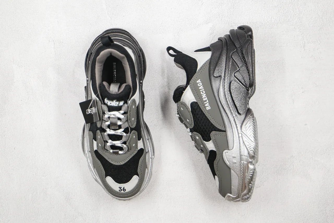Balenciaga Triple S Black Gray Silver Chunky Sneakers 10