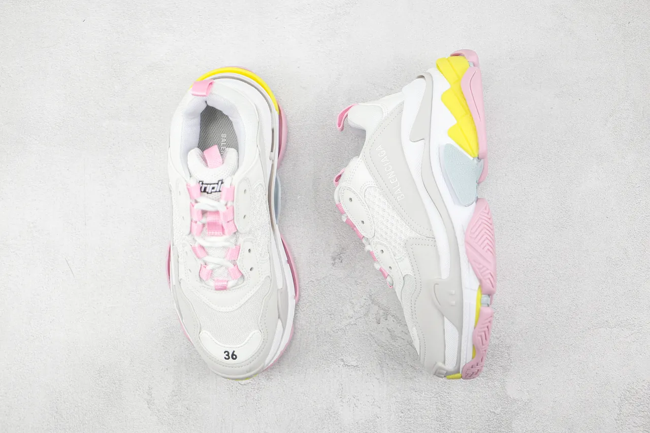 Balenciaga Triple S أبيض رمادي وردي أصفر حذاء رياضي سميك 4