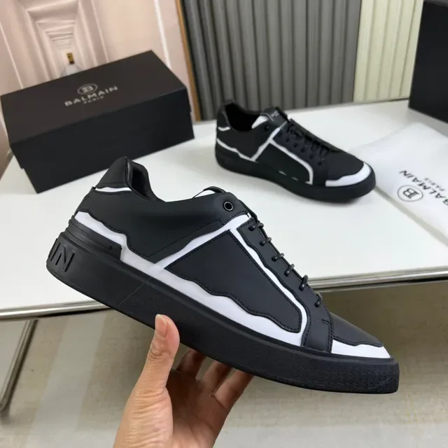 Balmain Preto Branco Parte Superior de Couro Estruturado Painéis de Onda Assimétrica Sneakers Lifestyle 4