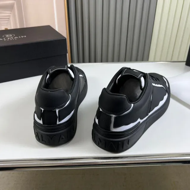 Balmain Preto Branco Parte Superior de Couro Estruturado Painéis de Onda Assimétrica Sneakers Lifestyle 6