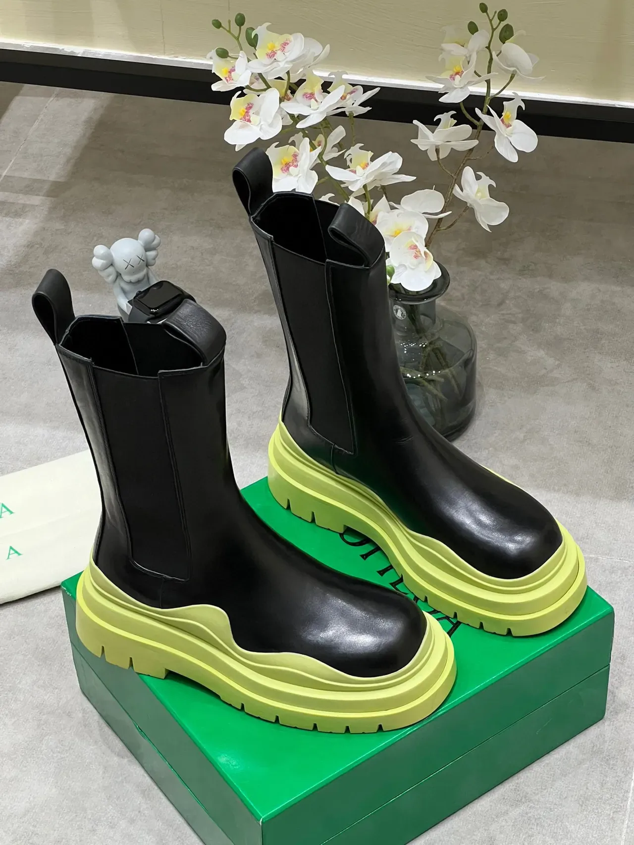 Bottega Veneta Andiamo Black and Lime Green Chunky Ankle Boots 2