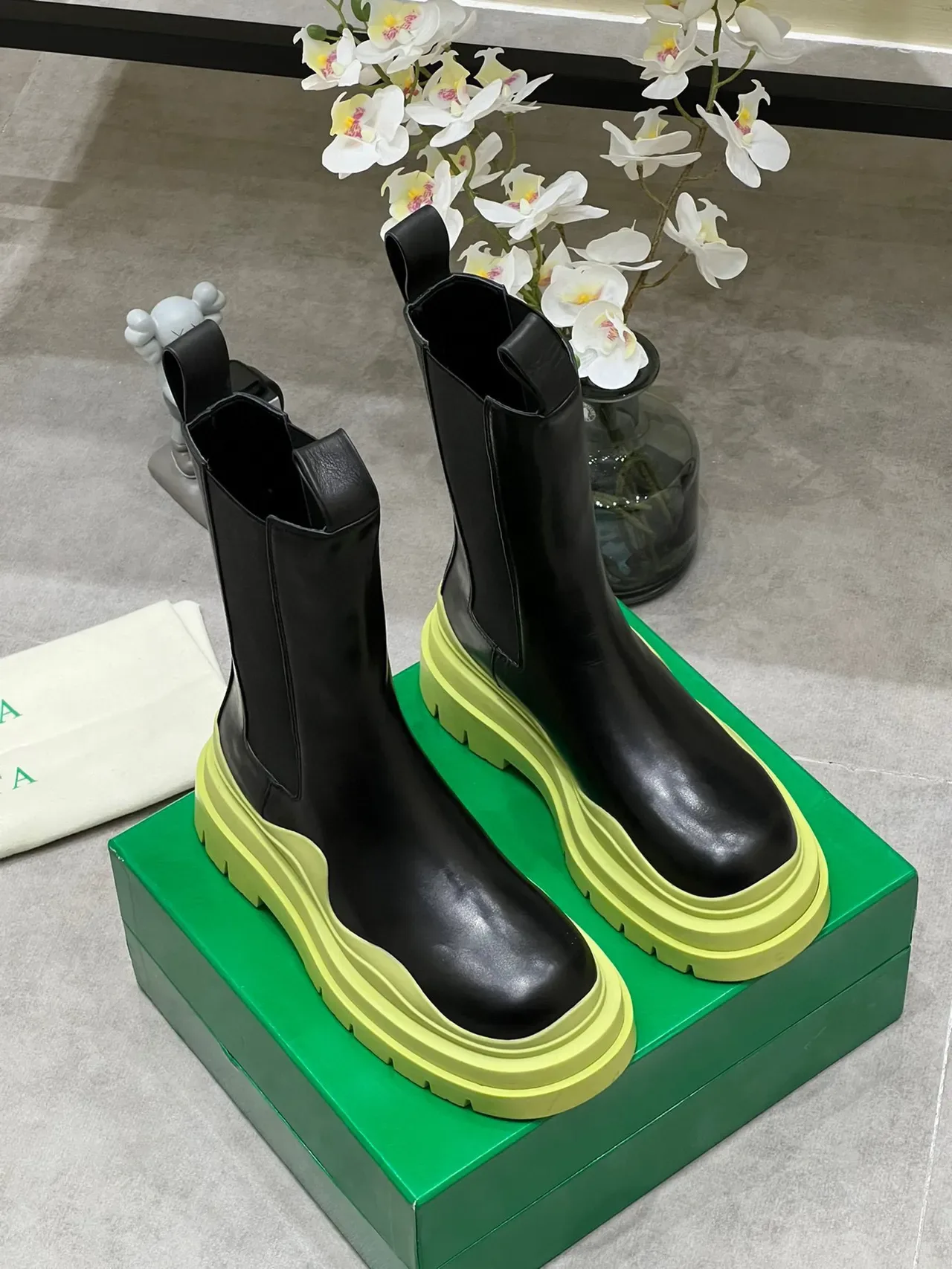 Bottega Veneta Andiamo Black and Lime Green Chunky Ankle Boots 3