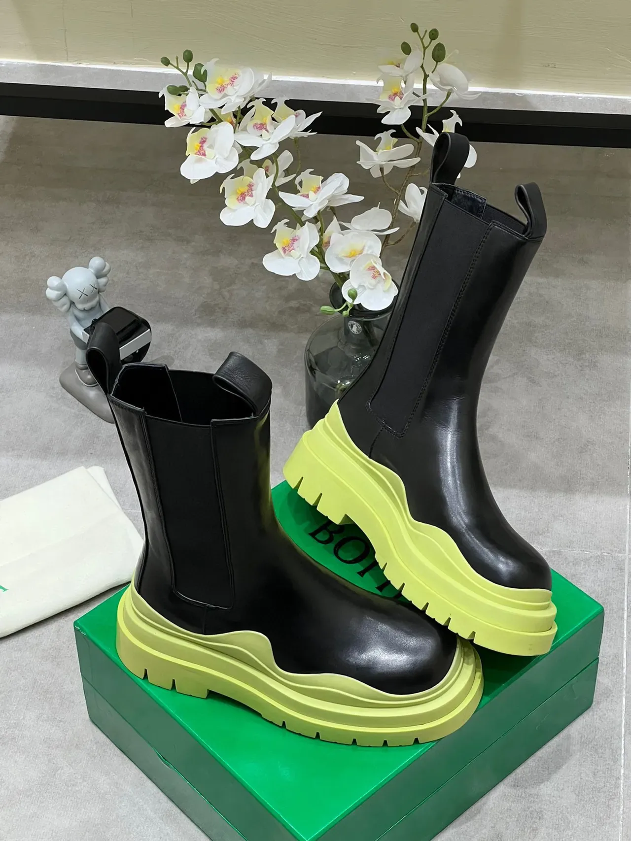 Bottega Veneta Andiamo Black and Lime Green Chunky Ankle Boots 4