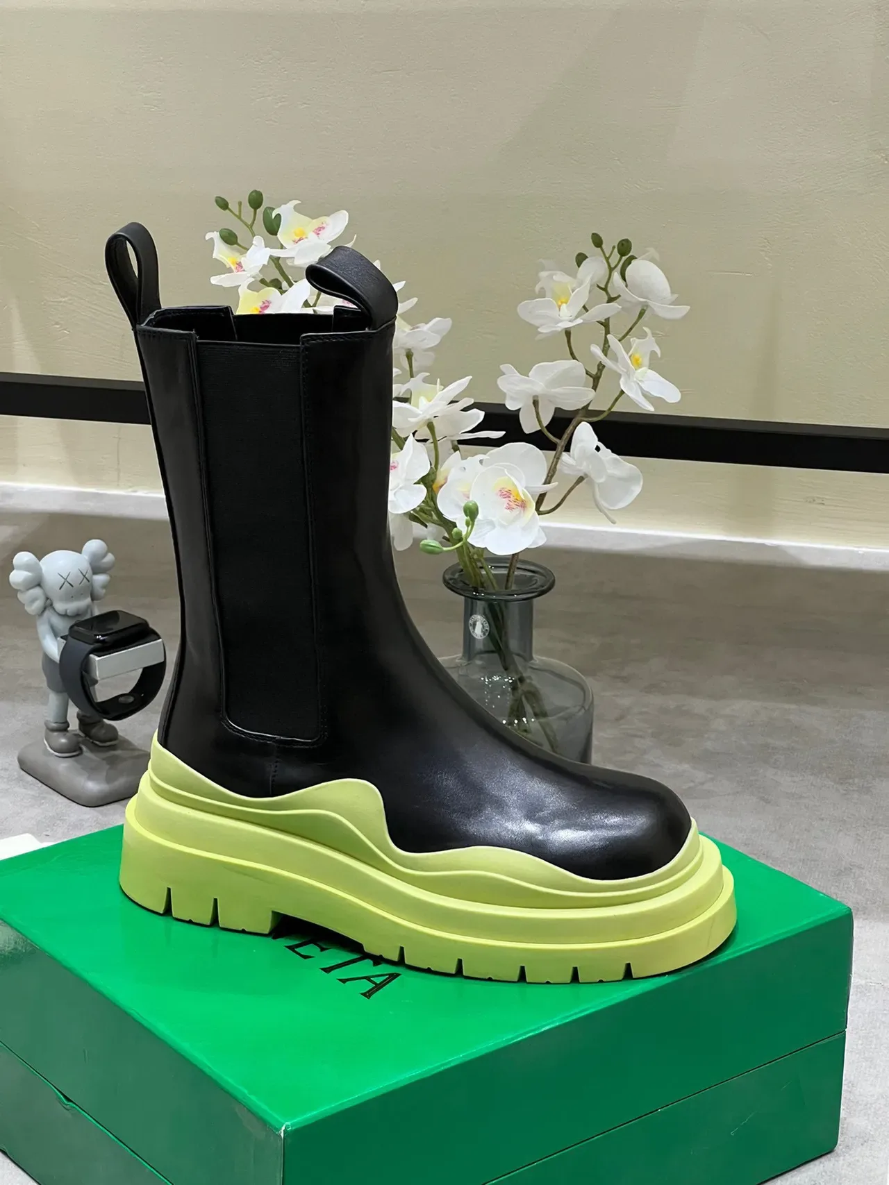 Bottega Veneta Andiamo Black and Lime Green Chunky Ankle Boots 5