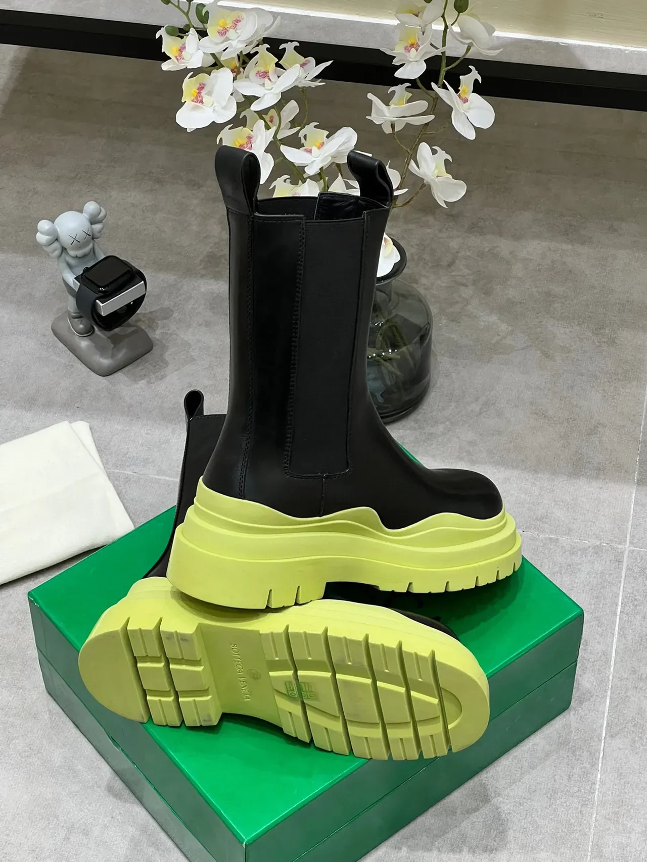 Bottega Veneta Andiamo Black and Lime Green Chunky Ankle Boots 6