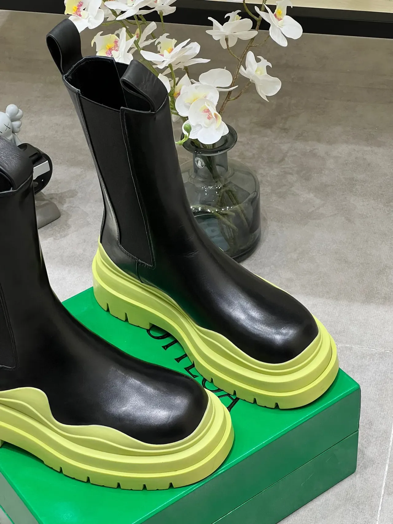 Bottega Veneta Andiamo Black and Lime Green Chunky Ankle Boots 7