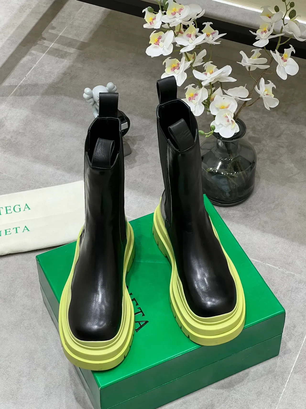 Bottega Veneta Andiamo Black and Lime Green Chunky Ankle Boots 8