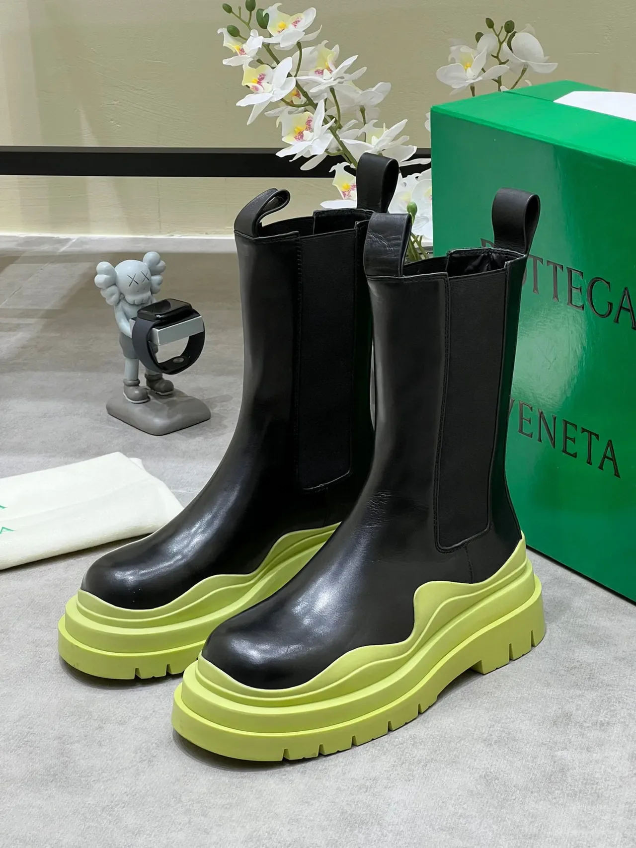 Bottega Veneta Andiamo Black and Lime Green Chunky Ankle Boots 9