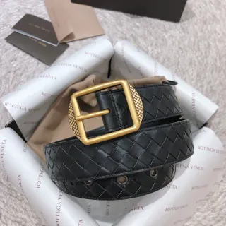 Bottega Veneta Black Gold Intrecciato Woven Square Buckle Leather Belt