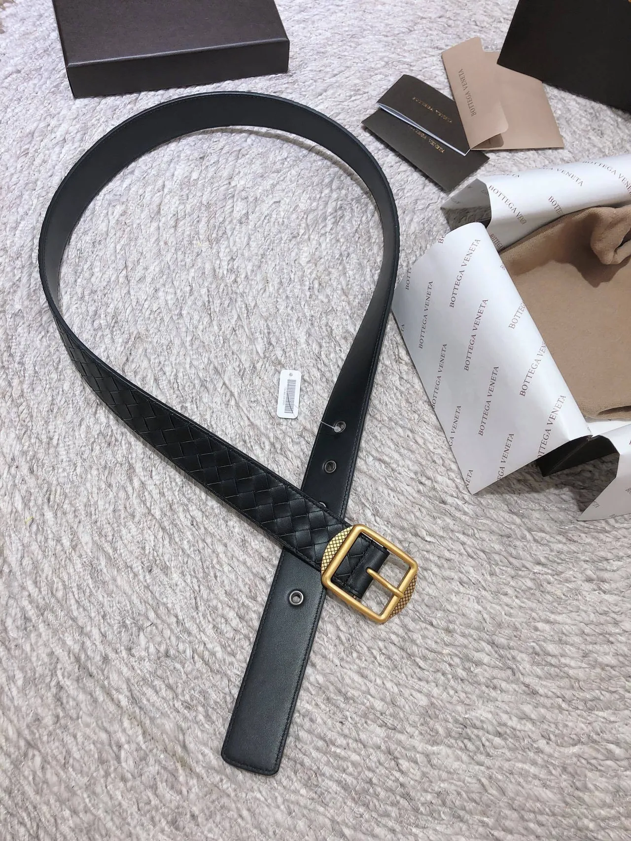 Bottega Veneta أسود ذهب Intrecciato حزام جلد مضفر مربع مشبك 5