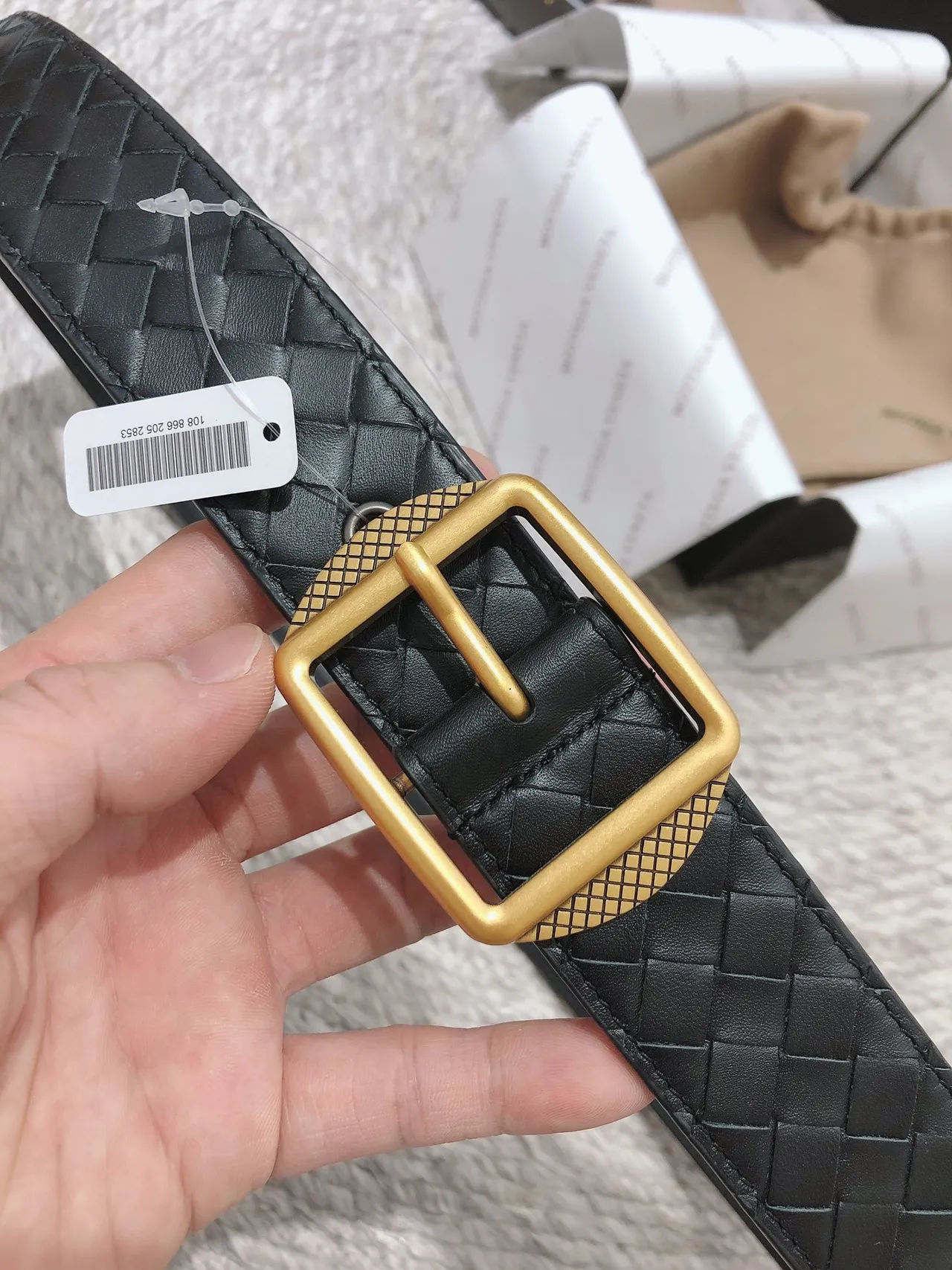 Bottega Veneta أسود ذهب Intrecciato حزام جلد مضفر مربع مشبك 7