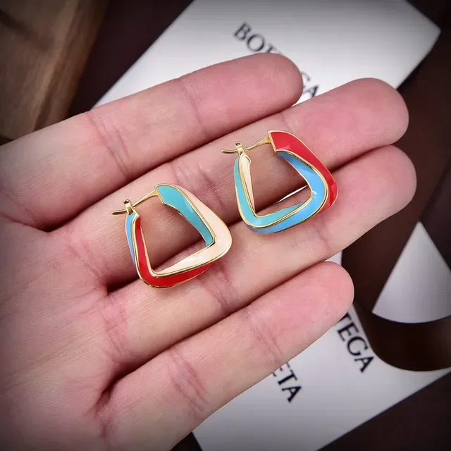Bottega Veneta Blue Red Asymmetrical D-Shaped Hoop Multi-Color Enamel Inlay Earrings 4