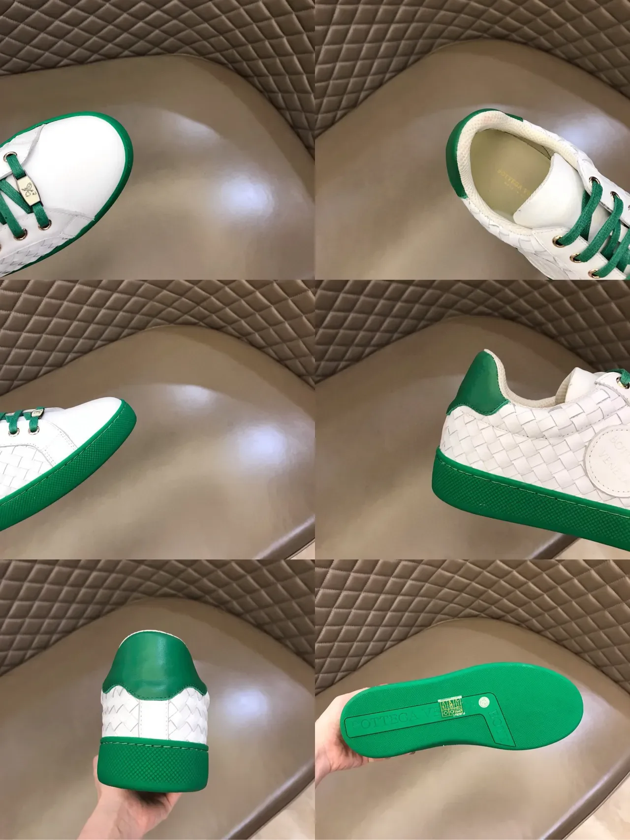 Bottega Veneta Cassette White and Green Woven Leather Lifestyle Sneakers 2