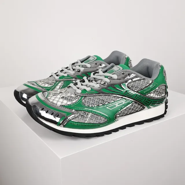 Bottega Veneta Tênis Lifestyle com jaula de malha verde e prateado 2