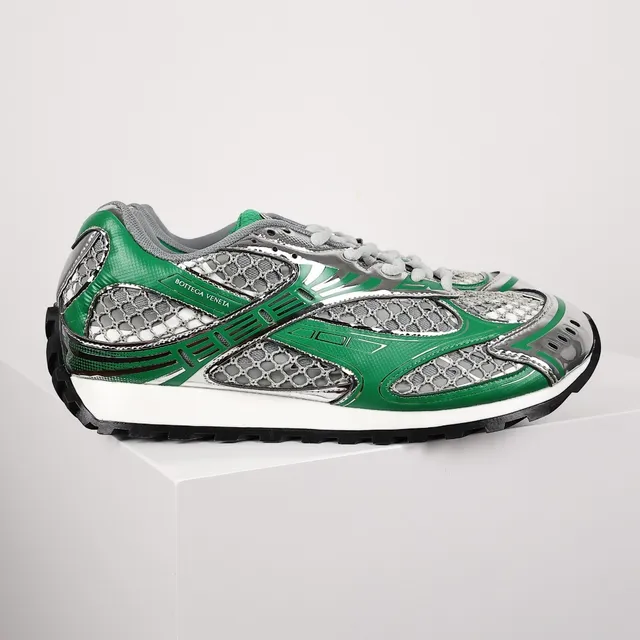 Bottega Veneta Tênis Lifestyle com jaula de malha verde e prateado 3