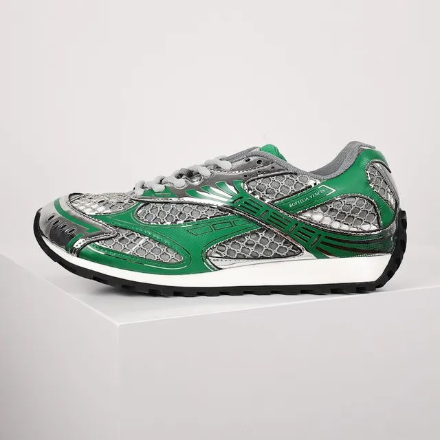 Bottega Veneta Tênis Lifestyle com jaula de malha verde e prateado 9