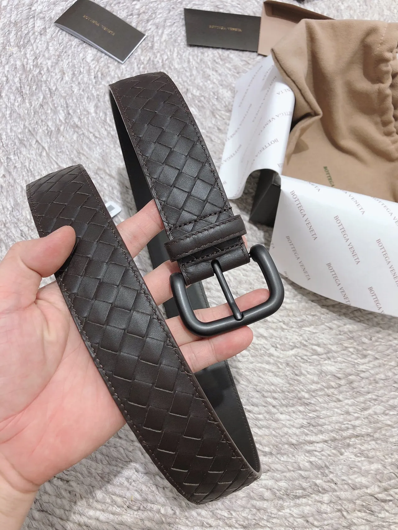 Bottega Veneta Intrecciato Ceinture Marron Noir Tissé Mat Boucle Ceinture en Cuir 2