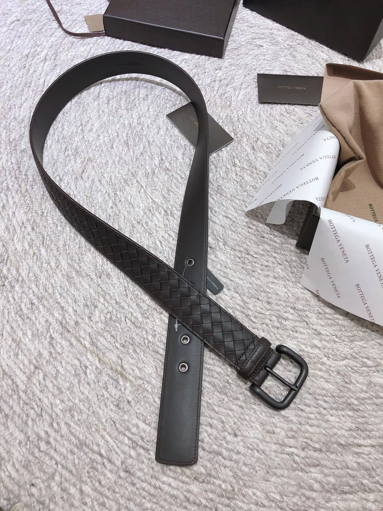 Bottega Veneta Intrecciato Ceinture Marron Noir Tissé Mat Boucle Ceinture en Cuir 5