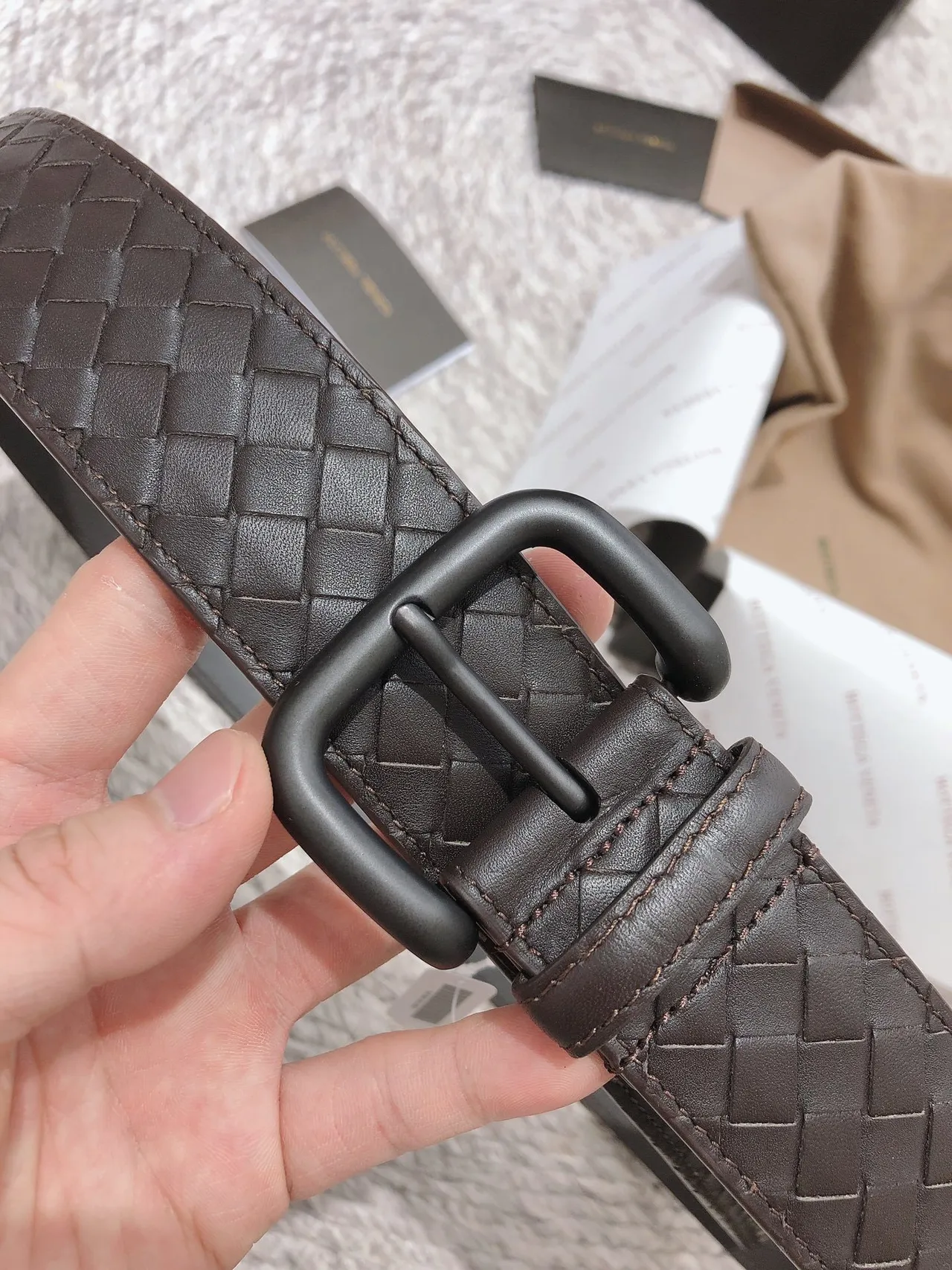 Bottega Veneta Intrecciato Ceinture Marron Noir Tissé Mat Boucle Ceinture en Cuir 7
