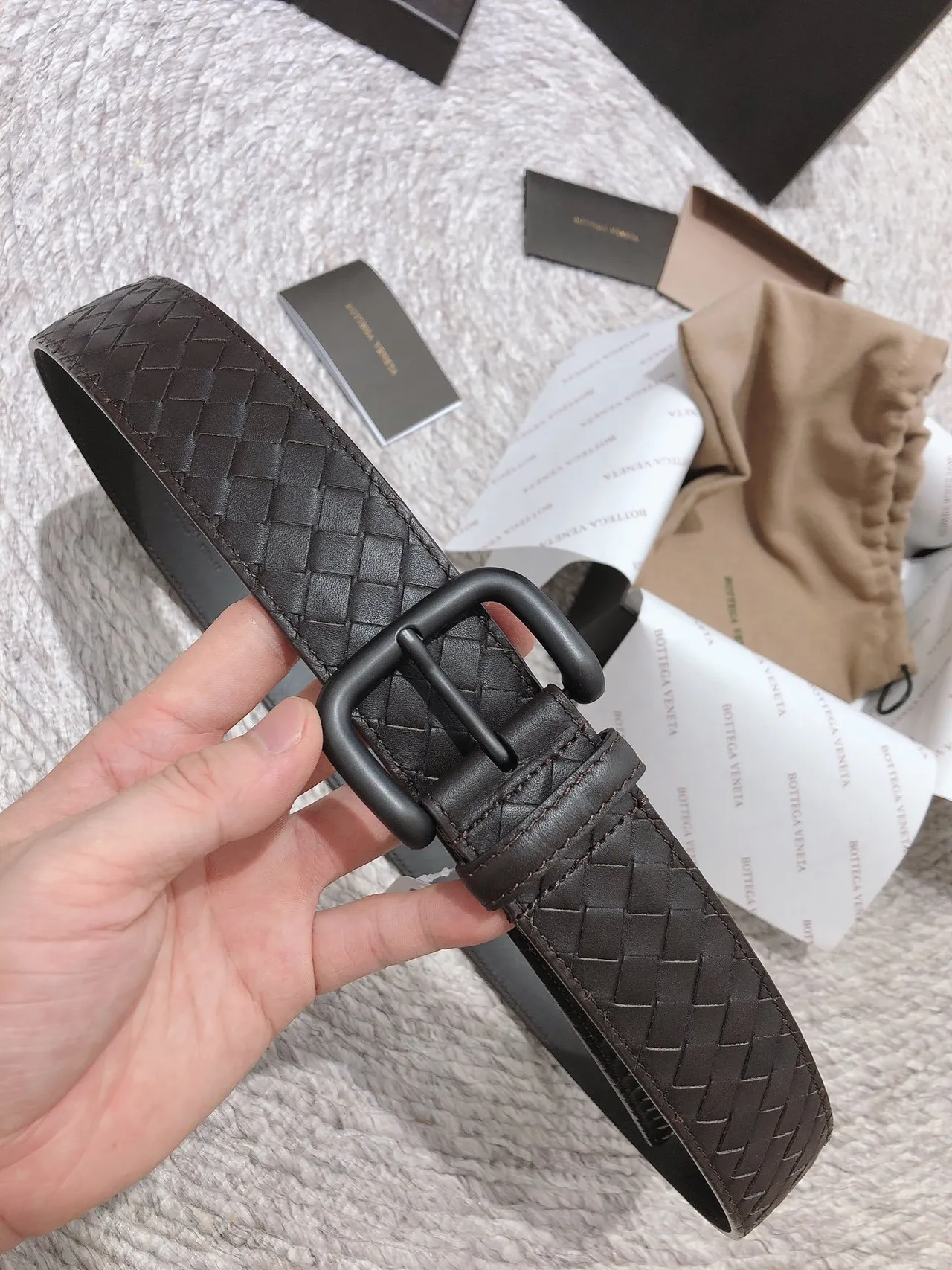 Bottega Veneta Intrecciato Ceinture Marron Noir Tissé Mat Boucle Ceinture en Cuir 8