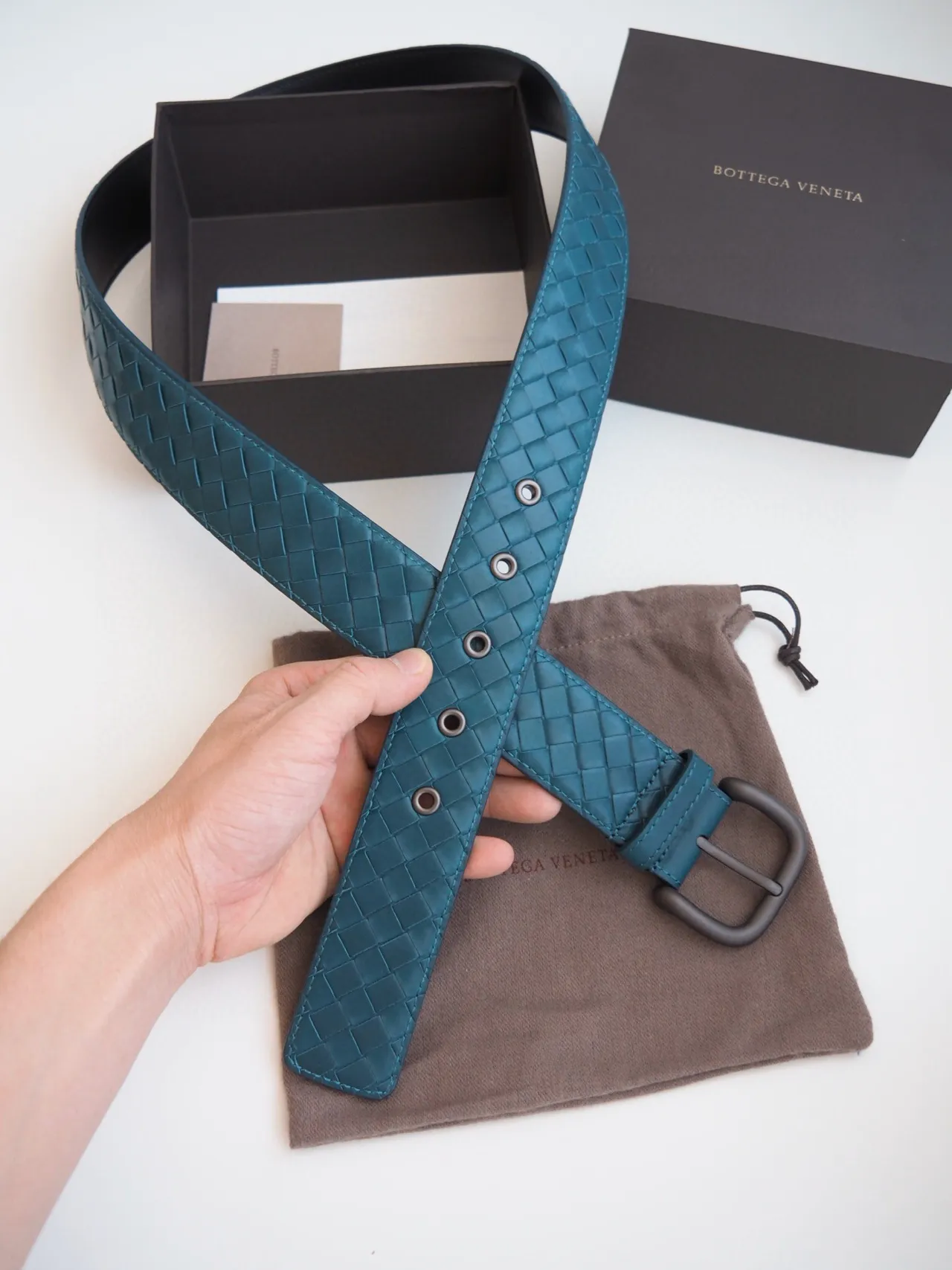 Bottega Veneta tressé Intrecciato Ceinture en cuir Teal 3