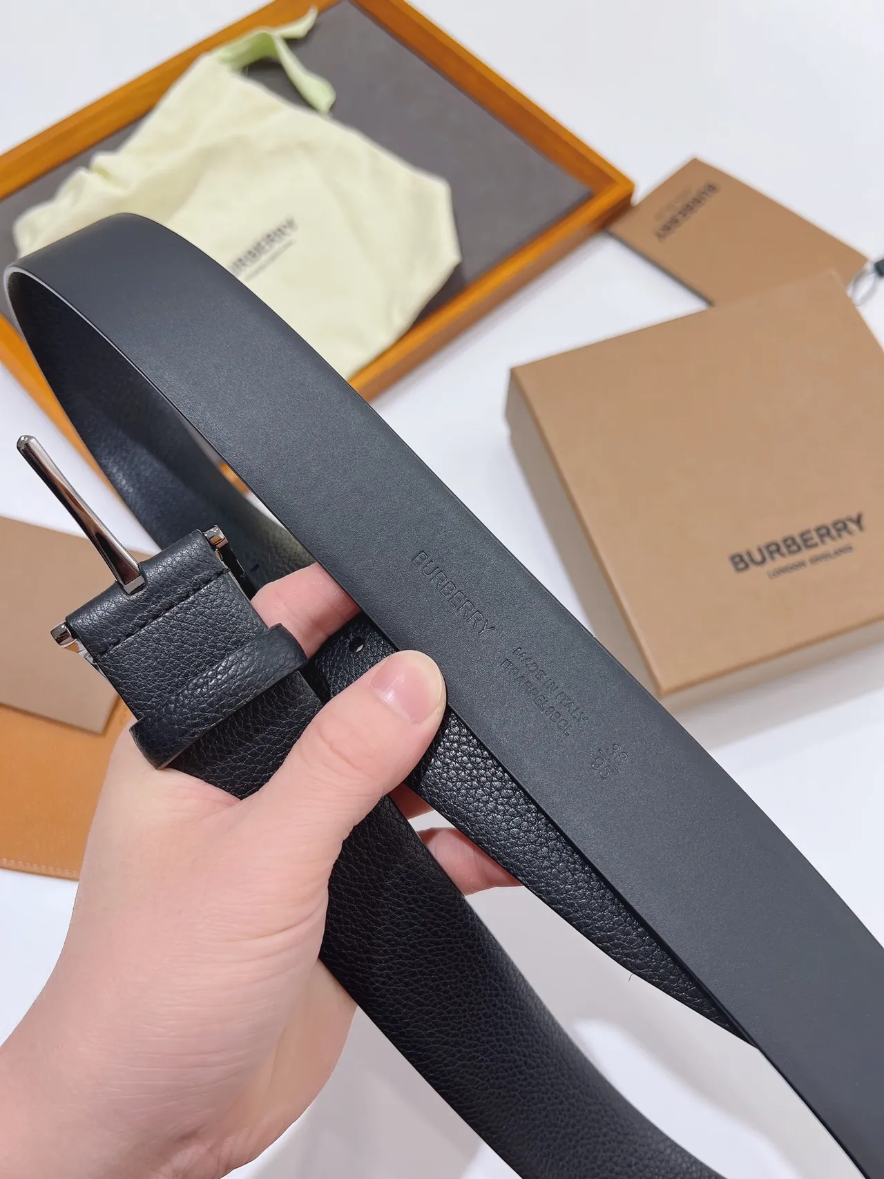 Burberry Black Silver Pebbled Rectangular Buckle Leather Belt 4