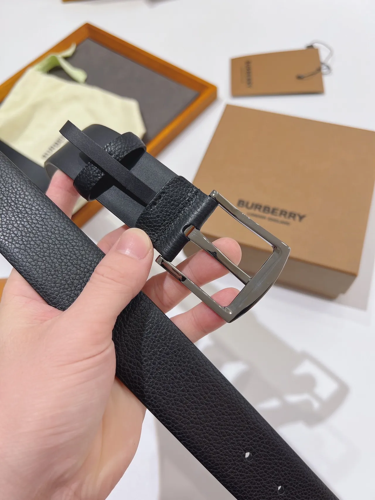 Burberry Black Silver Pebbled Rectangular Buckle Leather Belt 5