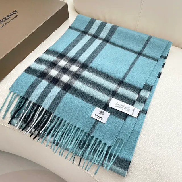 Burberry Bleu Noir Classique Check Plaid Bords frangés Écharpe en cachemire 4