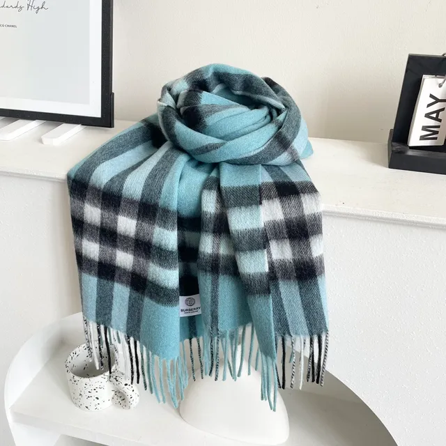 Burberry Bleu Noir Classique Check Plaid Bords frangés Écharpe en cachemire 7
