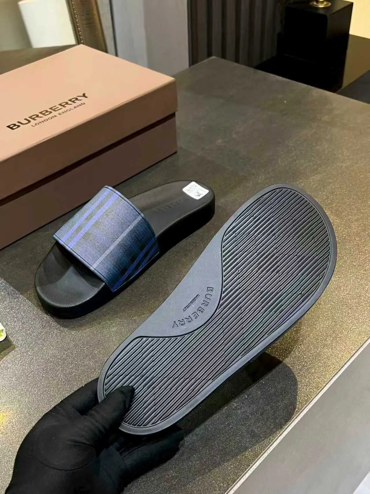 Burberry Check Strap Black Slippers 2