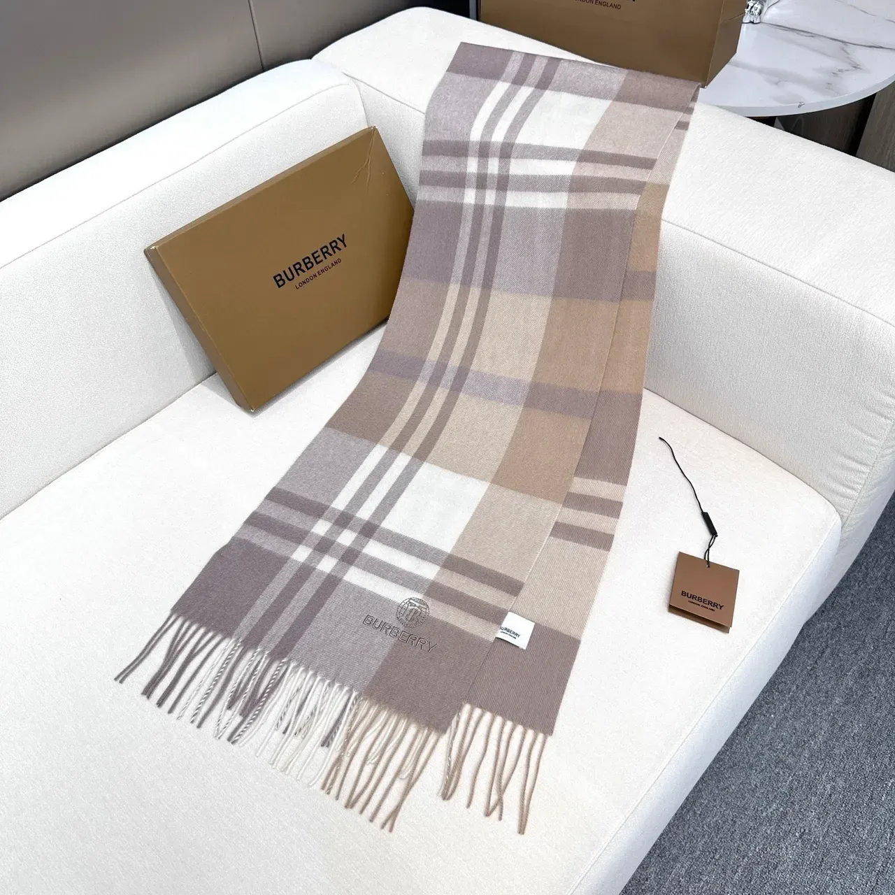 Burberry Classic Check Beige Taupe Cashmere Scarf 7