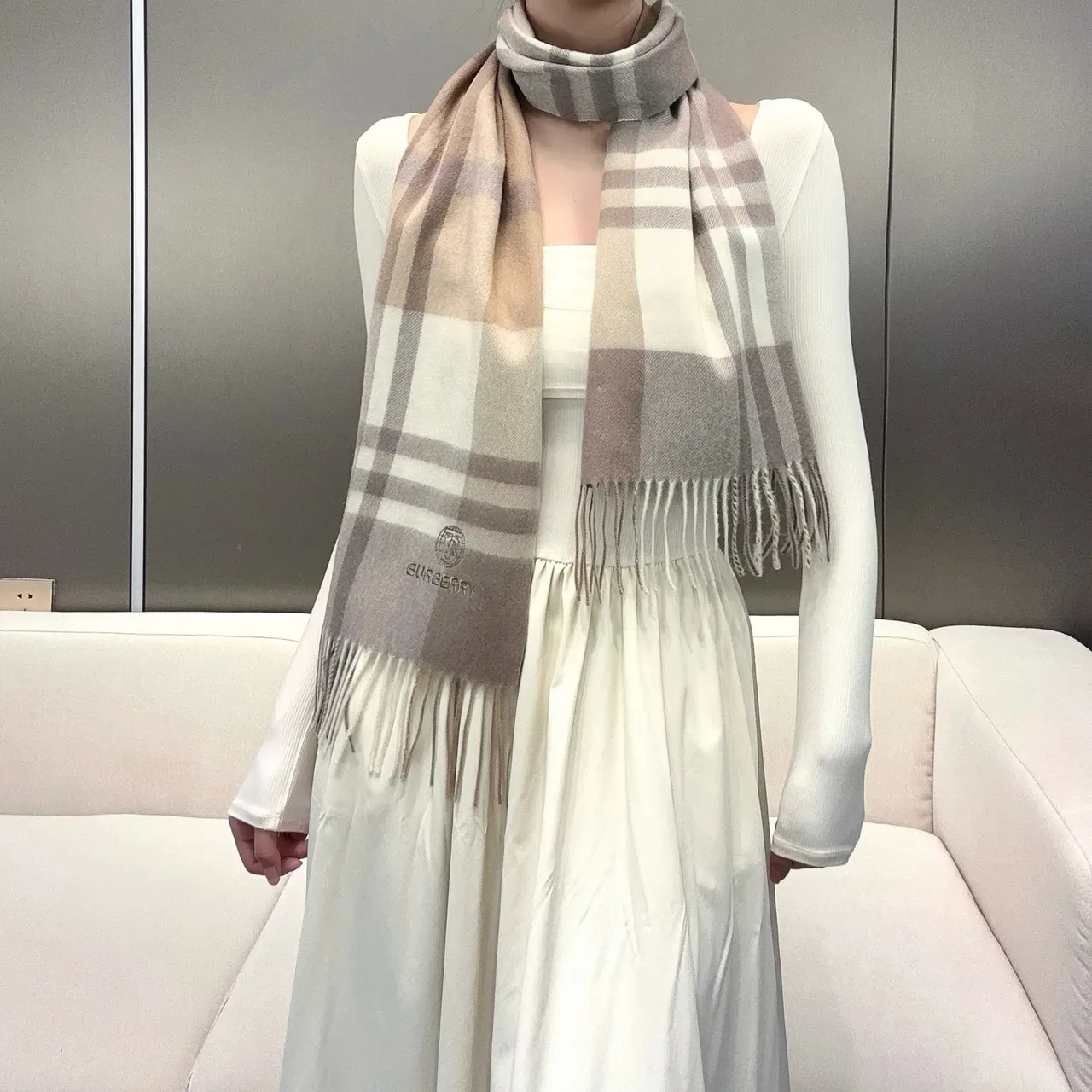 Burberry Classic Check Beige Taupe Cashmere Scarf 9