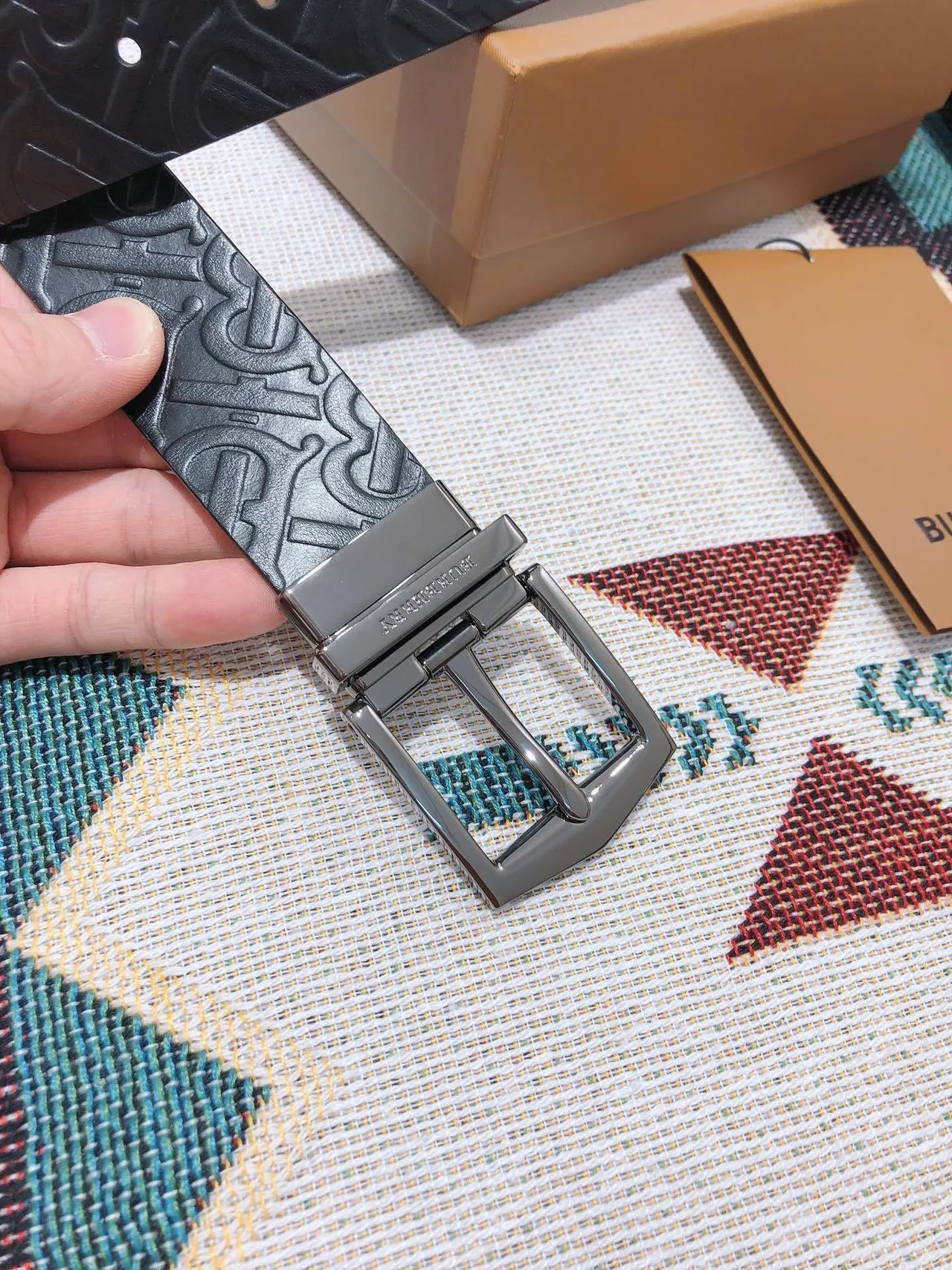 Burberry Monogram Embossed Black Leather Belt 6